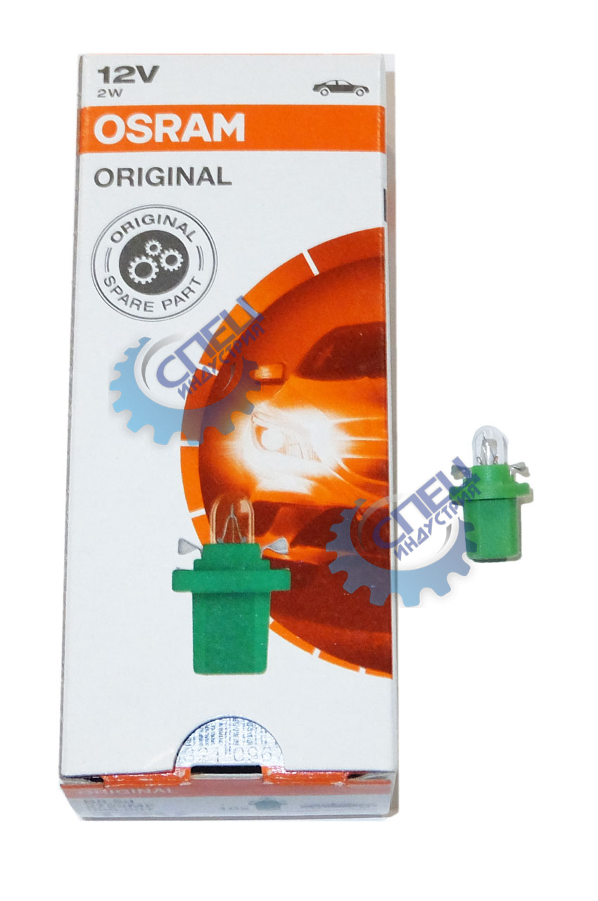 Лампа 12V2W (Osram) с зеленым патроном (B8.5d) посветка приборов и выключ (Германия)